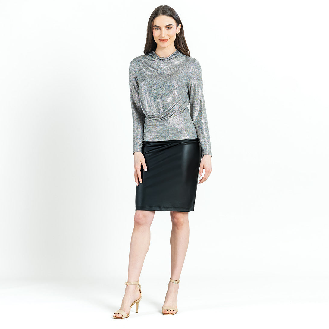 Glimmer Lamé - High Boat Neck Side Draped Top - Silver - Final Sale!