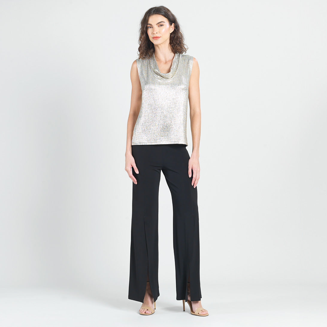Shimmer Foil Lamé - Sleeveless Draped Cowl Neck Top - Champagne