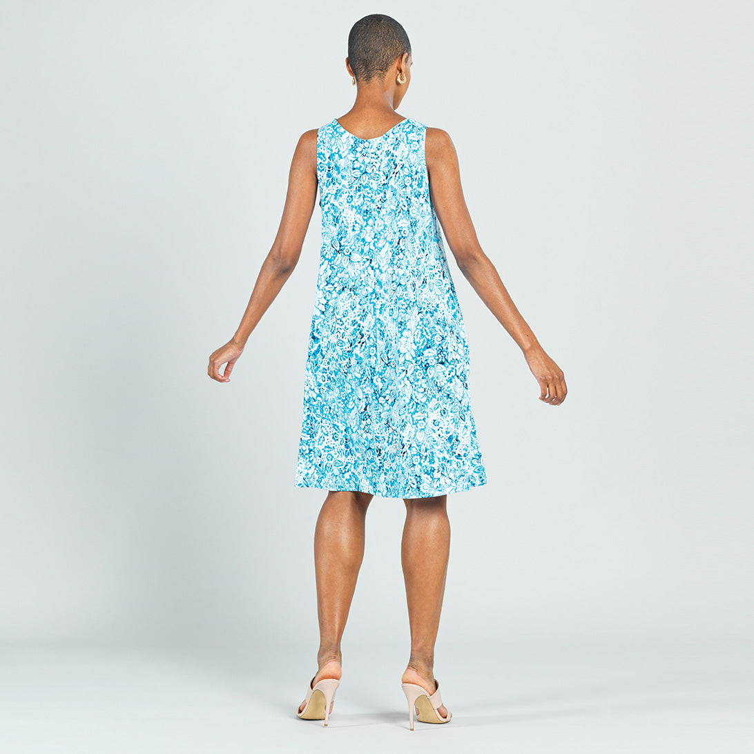 Textured Jewel Neck Swing Dress - Floral Rain-Turquoise – Clara Sunwoo