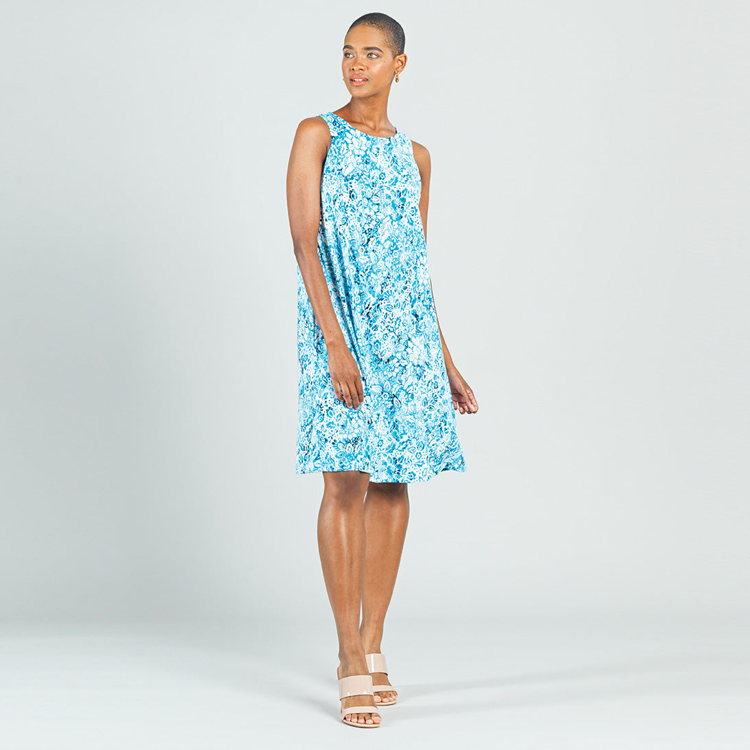 Textured Jewel Neck Swing Dress - Floral Rain-Turquoise – Clara