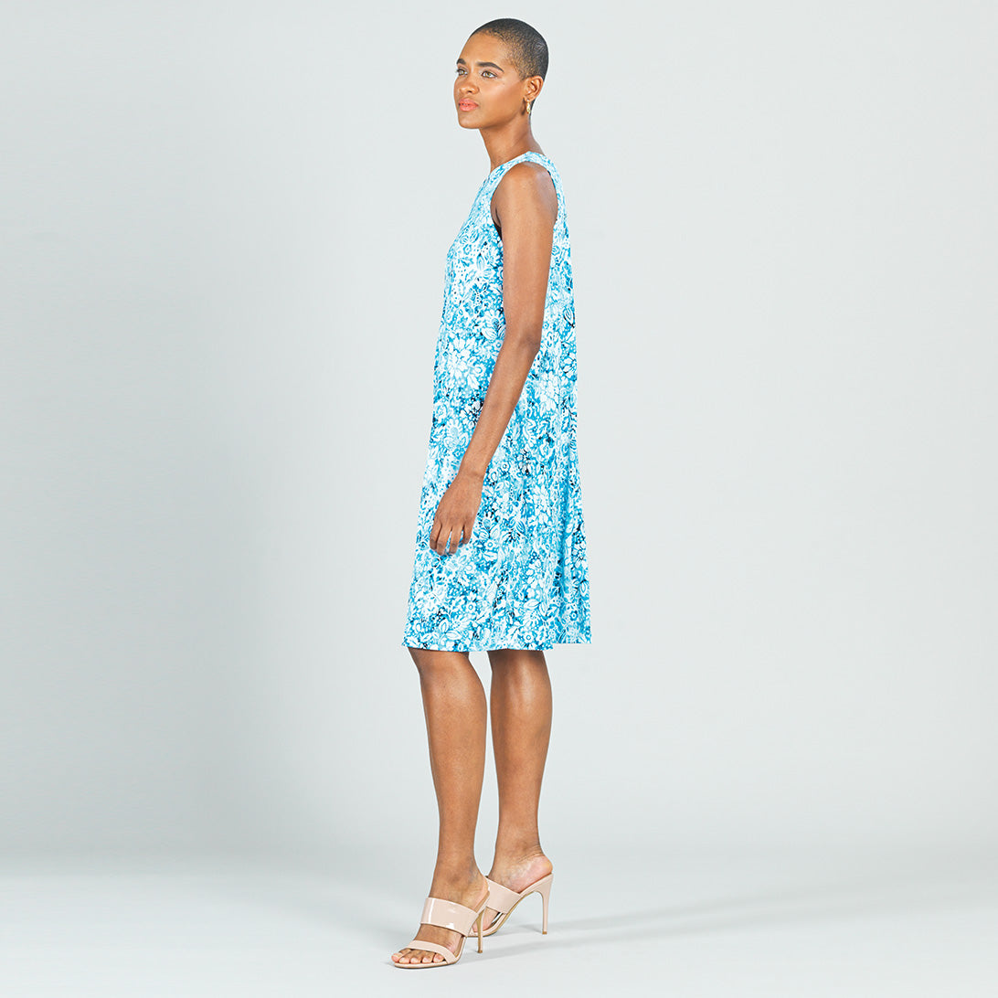 Textured Jewel Neck Swing Dress - Floral Rain-Turquoise – Clara Sunwoo