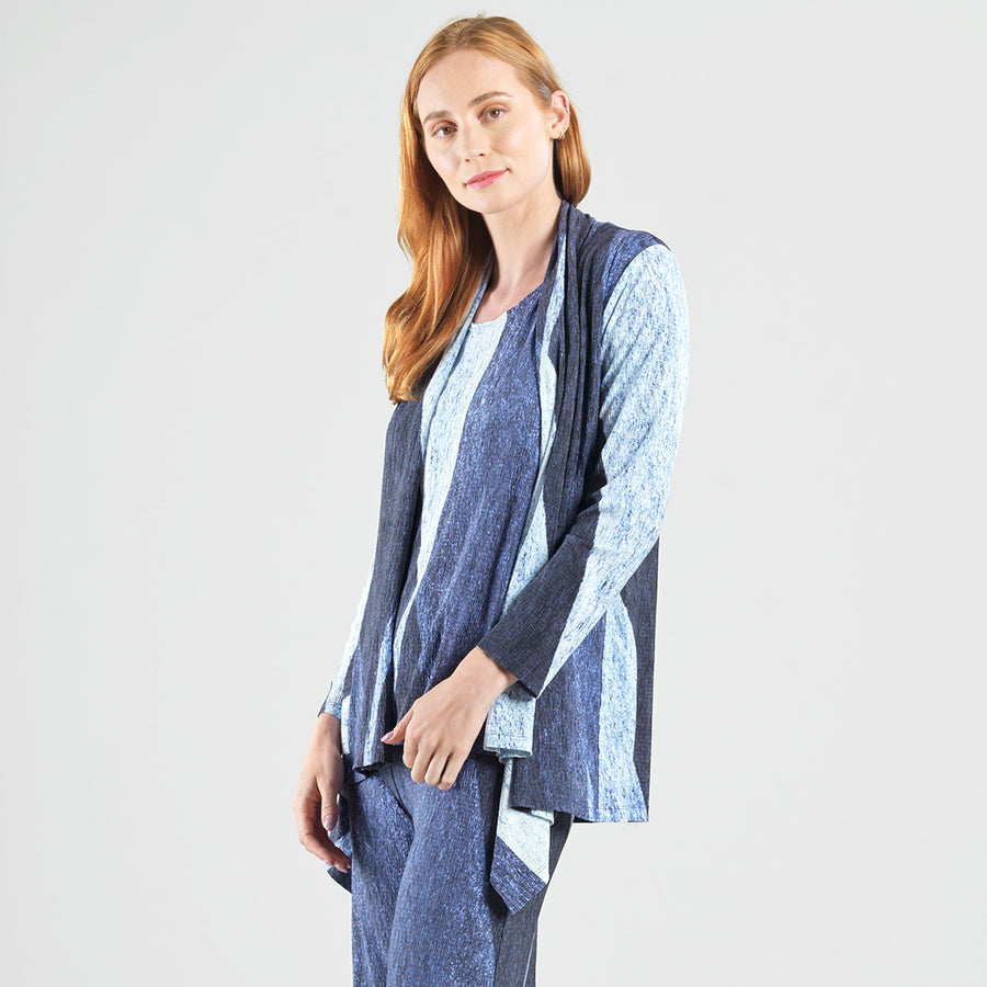 Silky Pleat Knit - 2pc Draped Cardigan & Tank Twinset - Lunar Stripe