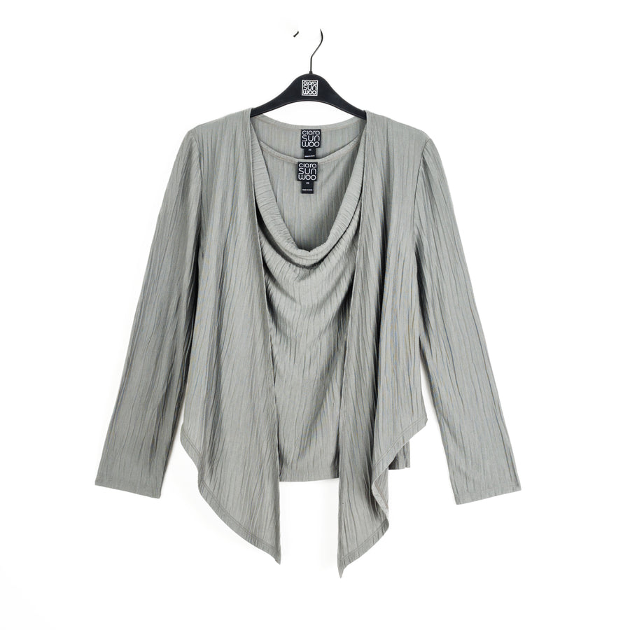 Soft Pleat Knit - 2pc Cardigan & Cowl Tank Twinset - Olive