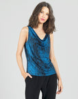 Crinkle Pleat Knit - 2pc Cardigan & Cowl Tank Twinset - Water Ripple-Cobalt