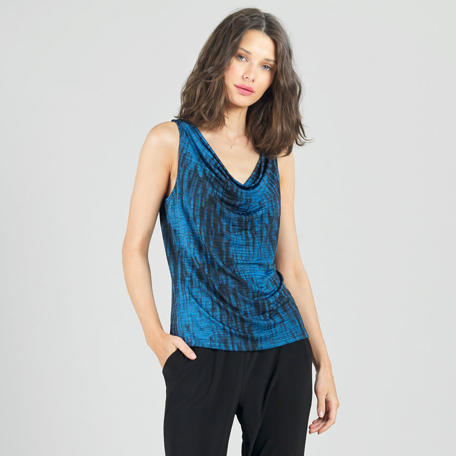 Crinkle Pleat Knit - 2pc Cardigan & Cowl Tank Twinset - Water Ripple-Cobalt