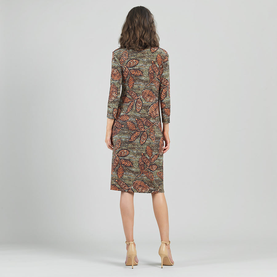 Side Slit 3/4 Sleeve Midi Dress - Mosaic Leaves