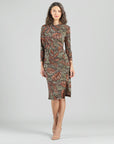 Side Slit 3/4 Sleeve Midi Dress - Mosaic Leaves