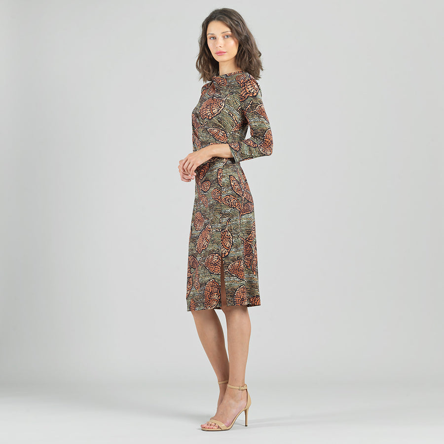 Side Slit 3/4 Sleeve Midi Dress - Mosaic Leaves - Final Sale!