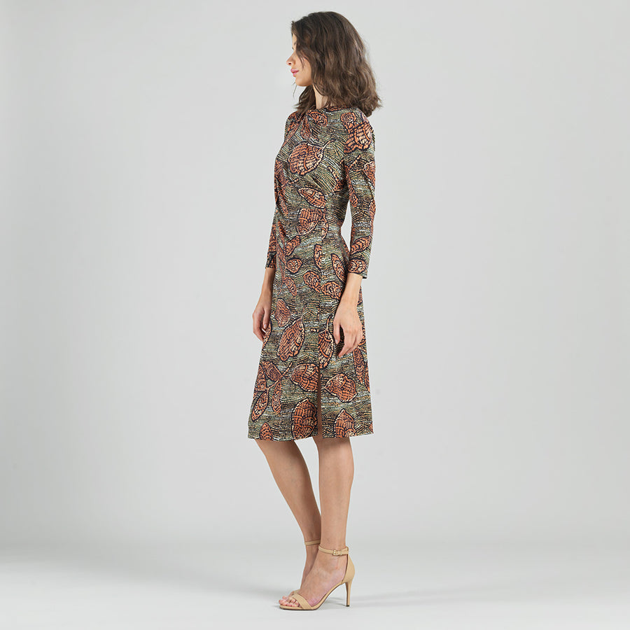 Side Slit 3/4 Sleeve Midi Dress - Mosaic Leaves - Final Sale!