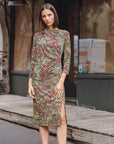 Side Slit 3/4 Sleeve Midi Dress - Mosaic Leaves