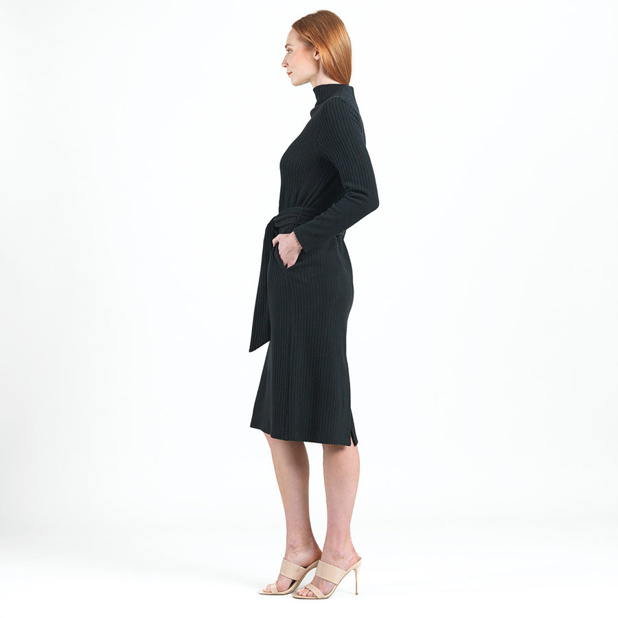 Chunky Ribbed - Tie Waist Pocket Midi Sweater Dress - Black - Final Sale!