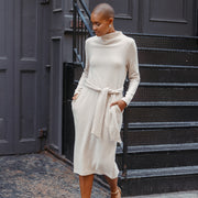 Chunky Ribbed - Tie Waist Pocket Midi Sweater Dress - Sand - Final Sale!