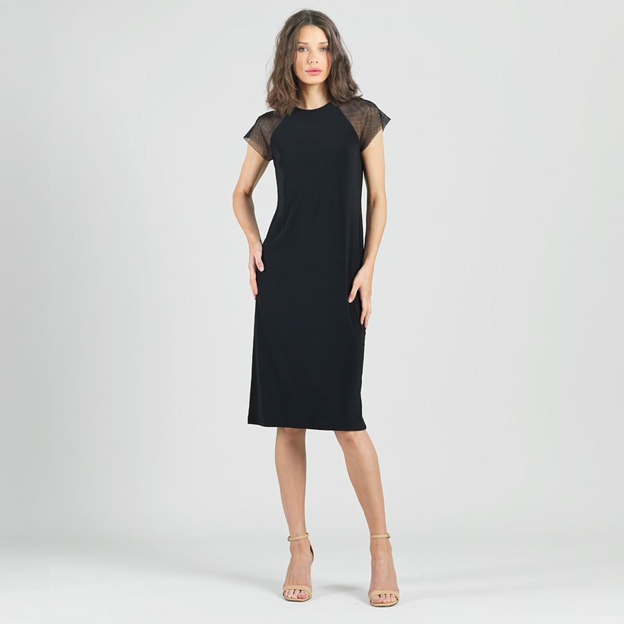 Mesh Cap Sleeve Midi Dress - Black