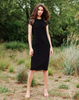 Mesh Cap Sleeve Midi Dress - Black