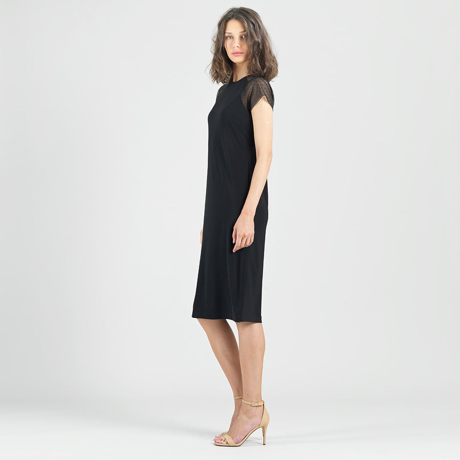 Mesh Cap Sleeve Midi Dress - Black