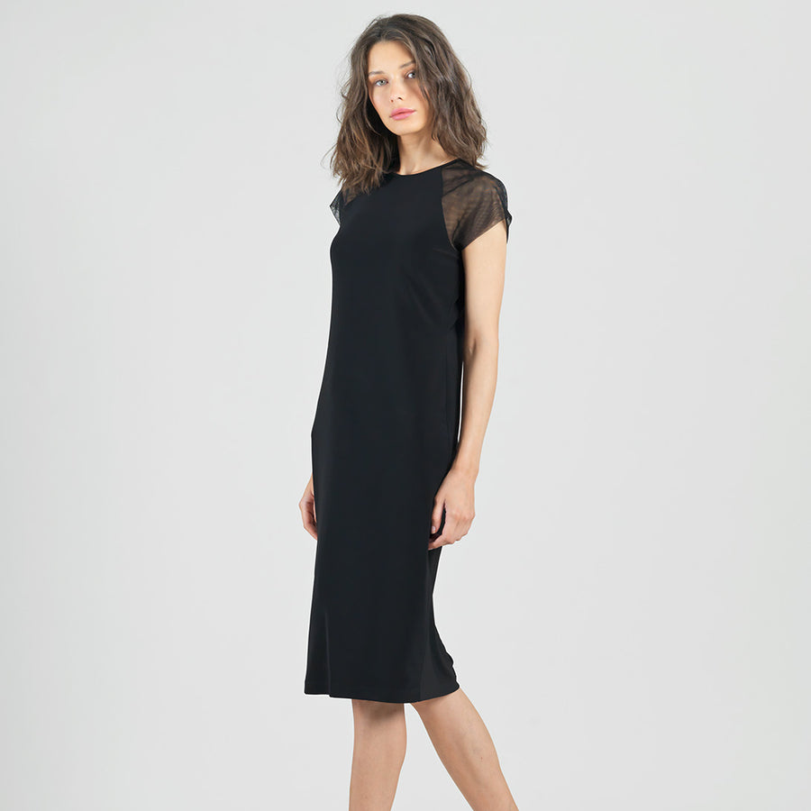 Mesh Cap Sleeve Midi Dress - Black