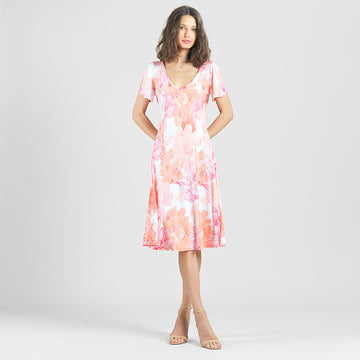 Butter Knit - Flutter Sleeve A-Line Midi Dress - Sunset Petals