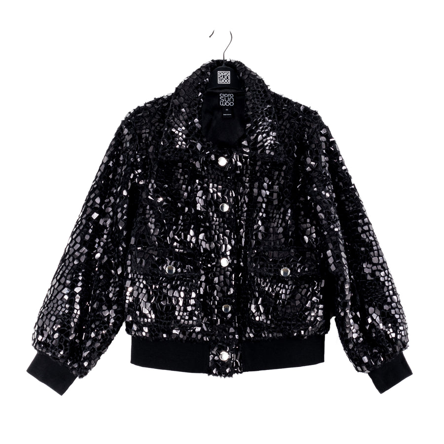 Crushed Faux Fur - Shimmer Embellished Bomber Jacket - Black - Limited Edition!