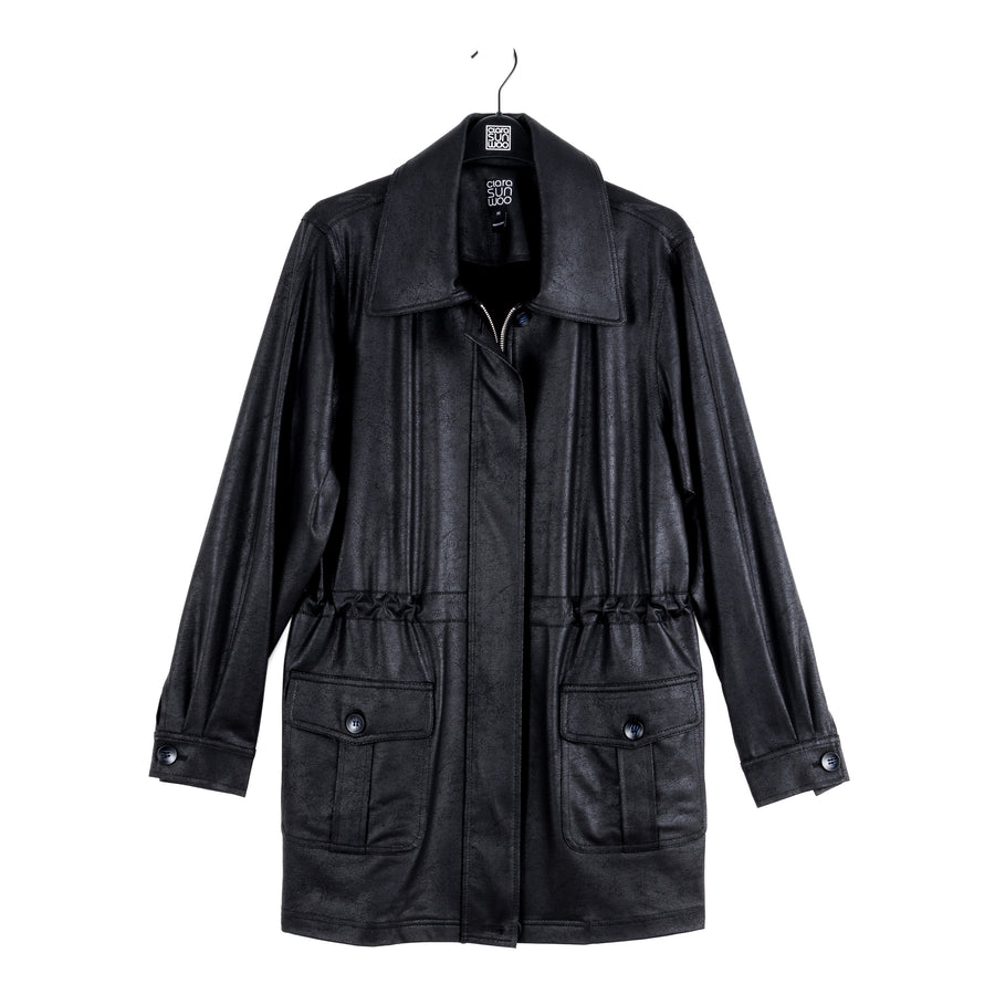 Liquid Leather™ Drawstring Waist Utility Jacket - Black - Limited Edition!