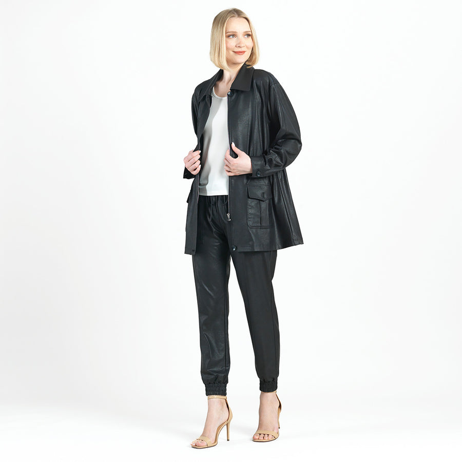 Liquid Leather™ Drawstring Waist Utility Jacket - Black