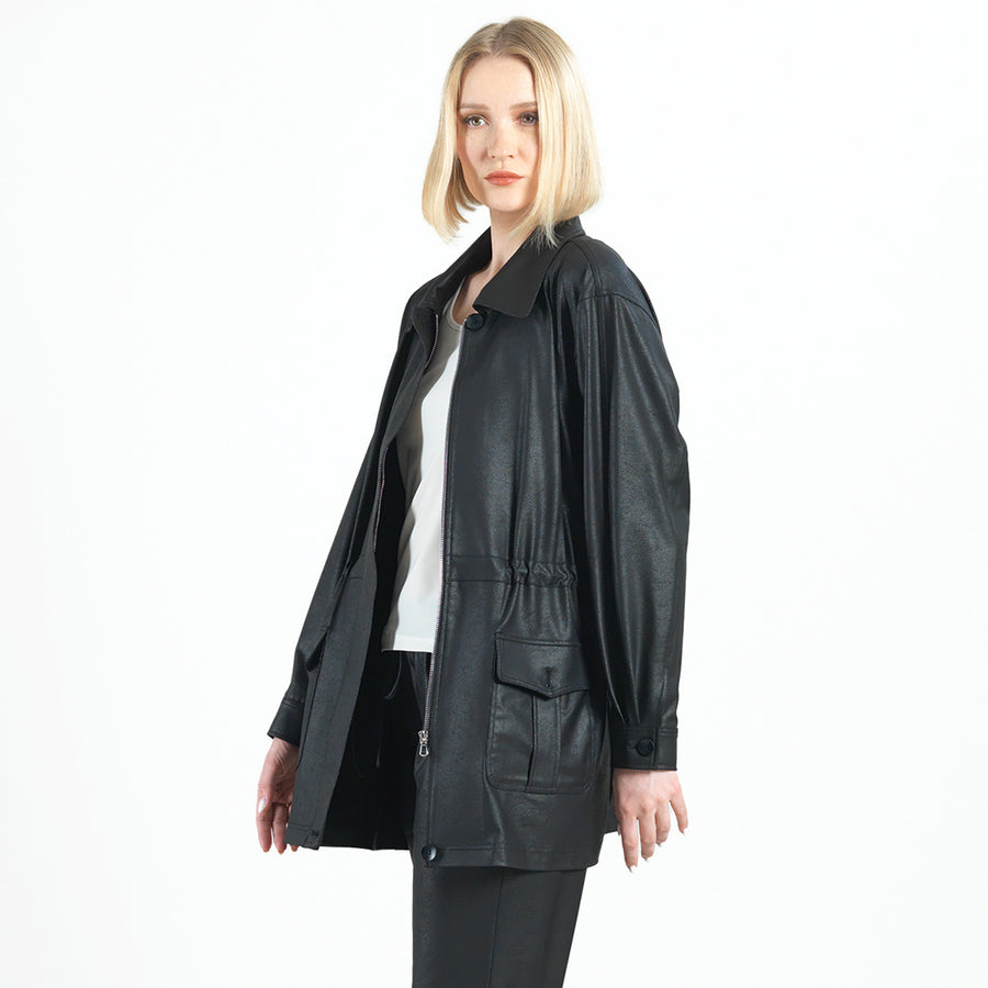 Liquid Leather™ Drawstring Waist Utility Jacket - Black - Limited Edition!