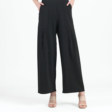 Rayon-Ponte Knit - Pleated Wide Leg Pocket Pant - Black