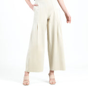 Rayon-Ponte Knit - Pleated Wide Leg Pocket Pant - Khaki