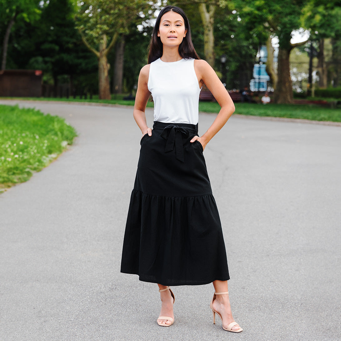 Linen Knit - Tie Waist Tiered Maxi Skirt - Black – Clara Sunwoo