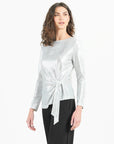 Glitter Foil - Pearl Cuff Side Tie Waist Top - Silver - Limited Sizes!