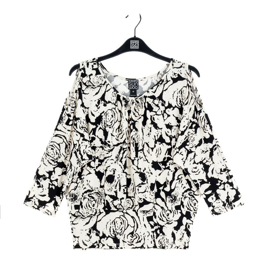 Open Shoulder Blouson Waist Top - Abstract Rose