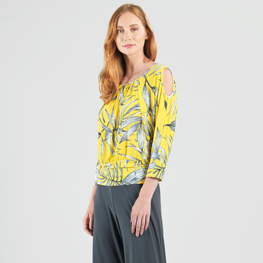 Open Shoulder Blouson Waist Top - Sunlit Palm