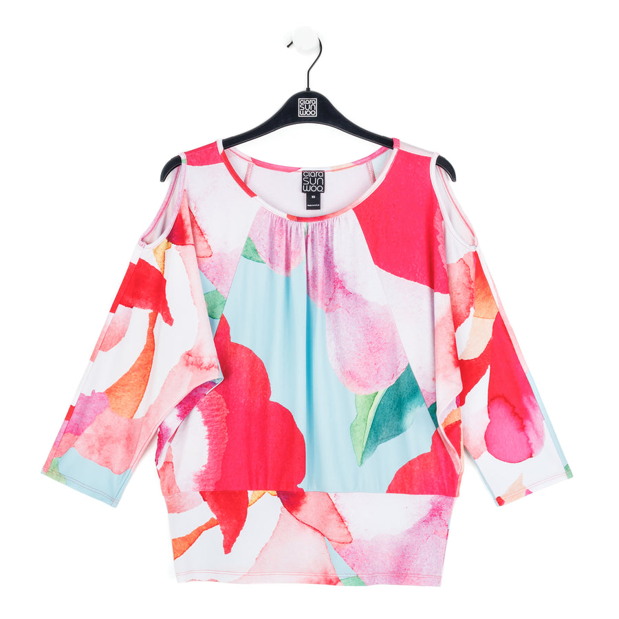 Open Shoulder Blouson Waist Top - Petal Watercolor