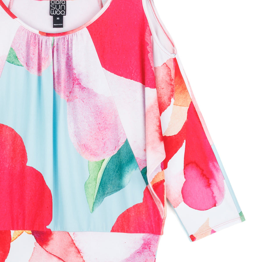 Open Shoulder Blouson Waist Top - Petal Watercolor