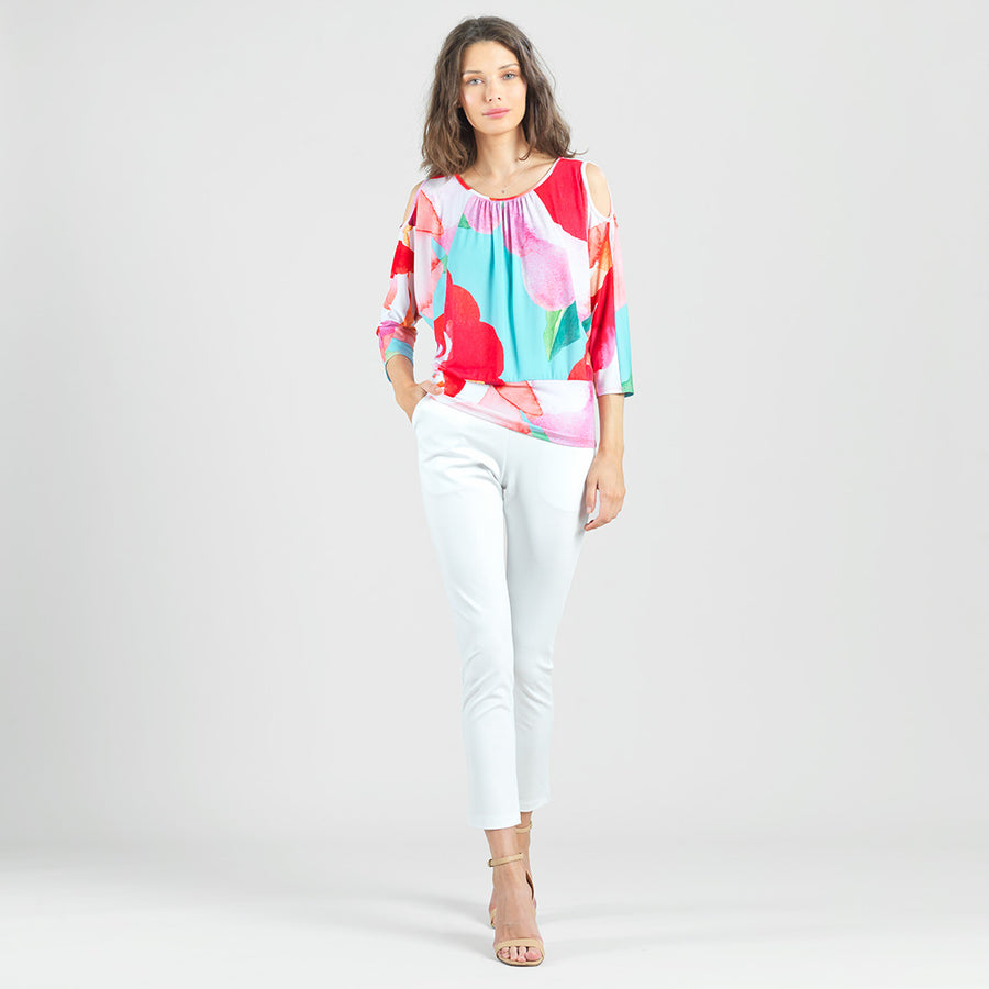 Open Shoulder Blouson Waist Top - Petal Watercolor