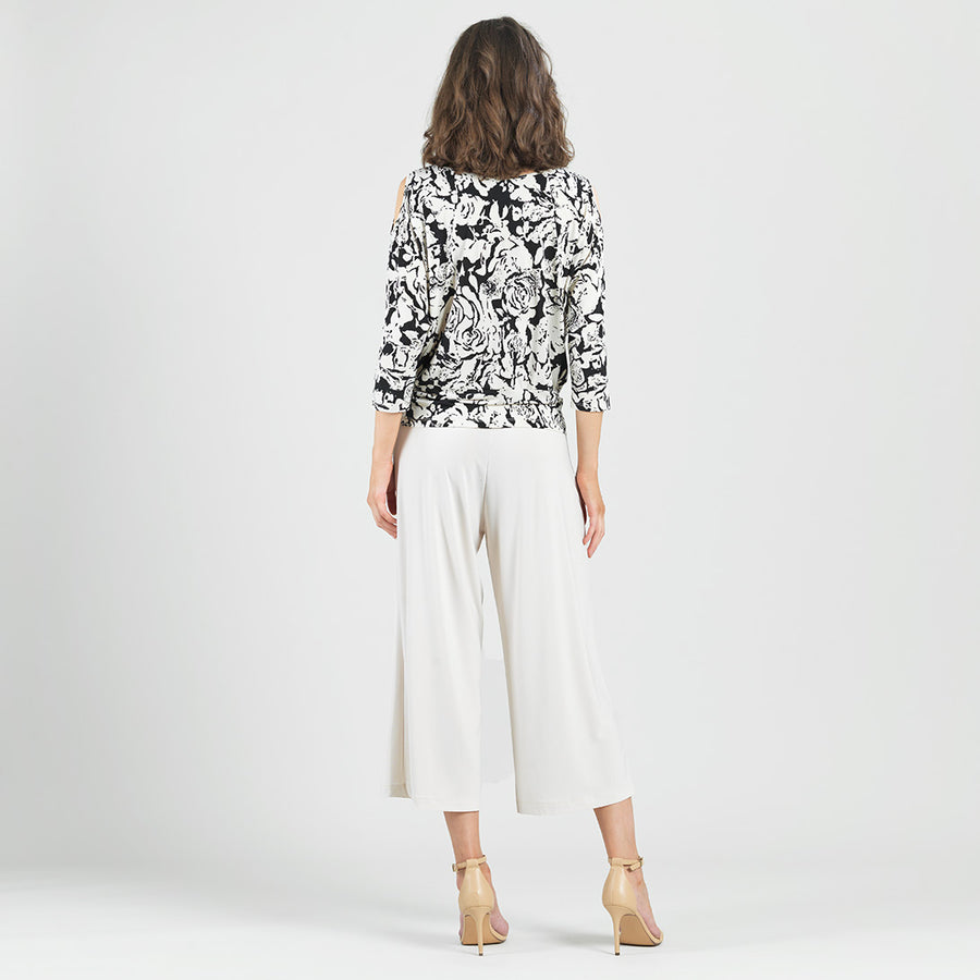 Open Shoulder Blouson Waist Top - Abstract Rose