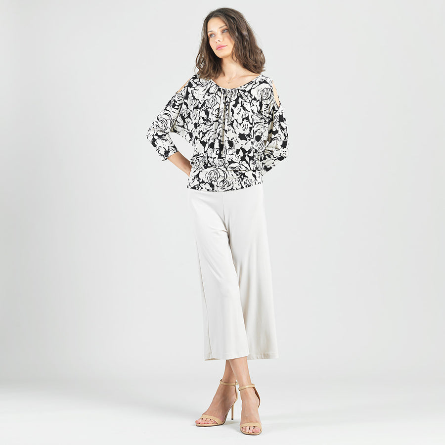 Open Shoulder Blouson Waist Top - Abstract Rose