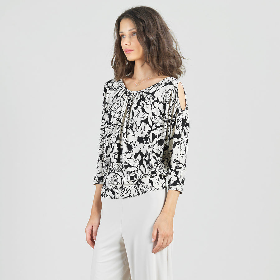 Open Shoulder Blouson Waist Top - Abstract Rose