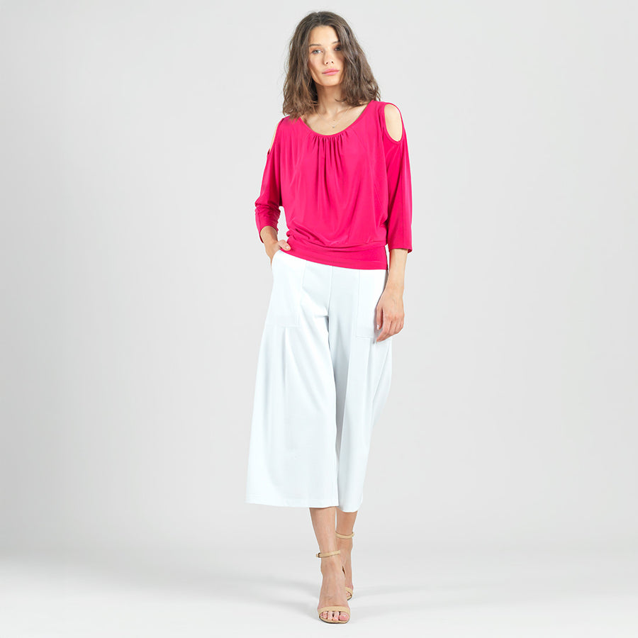 Open Shoulder Blouson Waist Top - Hot Pink