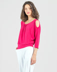 Open Shoulder Blouson Waist Top - Hot Pink