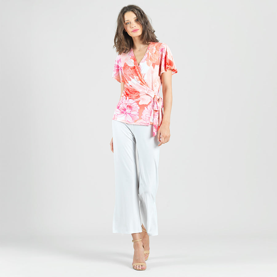 Butter Knit - Surplice Faux Wrap Side Tie Top - Sunset Petals