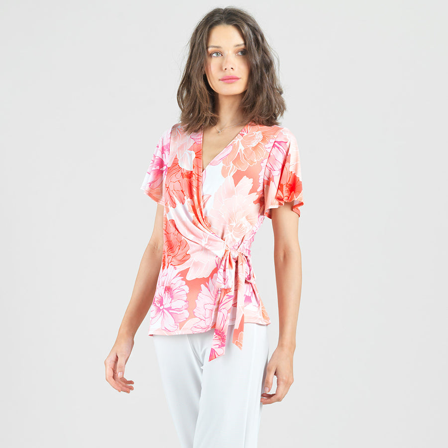 Butter Knit - Surplice Faux Wrap Side Tie Top - Sunset Petals