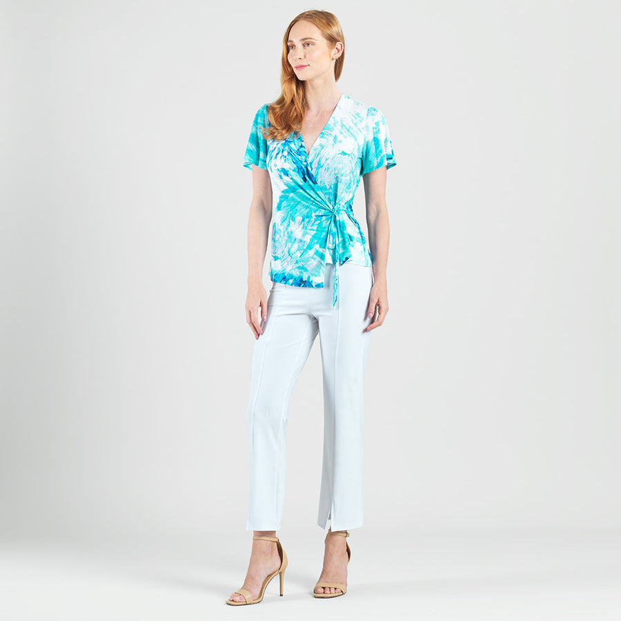 Surplice Faux Wrap Side Tie Top - Ocean Petal