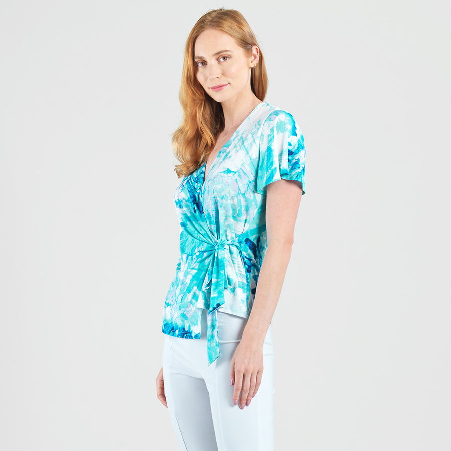 Surplice Faux Wrap Side Tie Top - Ocean Petal