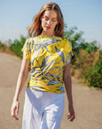 Side Ruched Boat Neck Top - Sunlit Palm