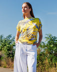 Side Ruched Boat Neck Top - Sunlit Palm