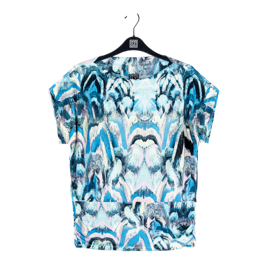 Side Ruched Boat Neck Top - Abstract Prism