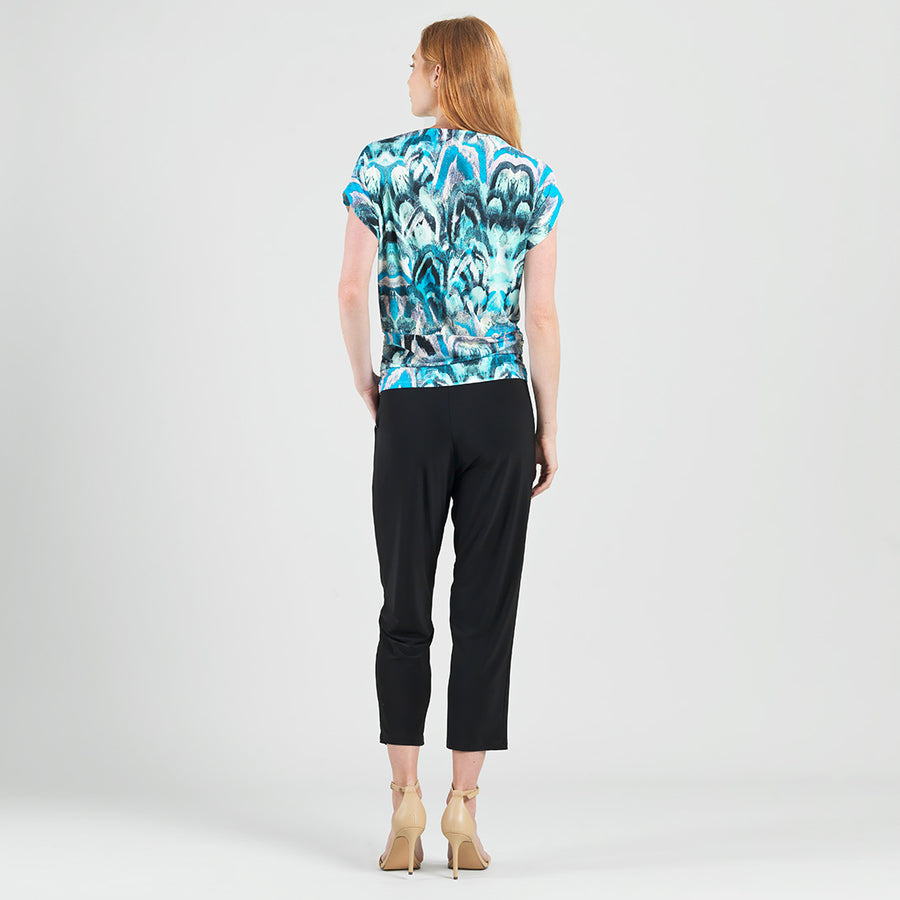 Side Ruched Boat Neck Top - Abstract Prism