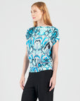 Side Ruched Boat Neck Top - Abstract Prism