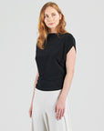 Side Ruched Boat Neck Top - Black