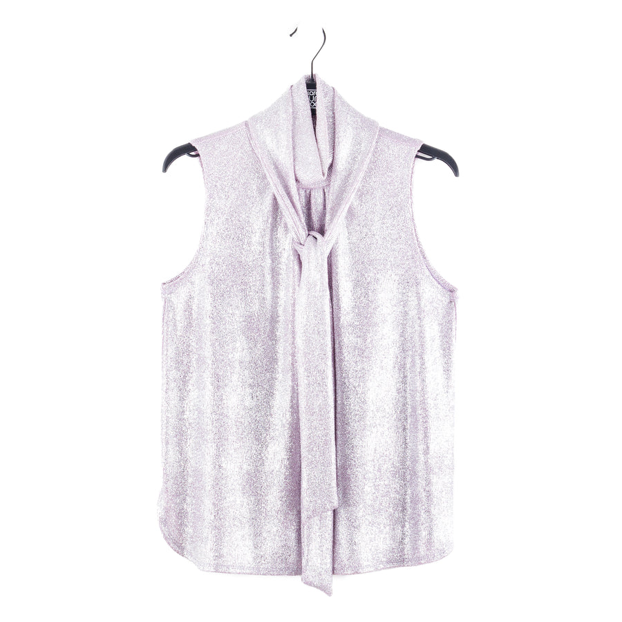 Glitter Foil - Mock Neck-Tie Detail Top - Pink